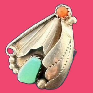 Unique Vintage Native American Turquoise & Coral Sterling Silver Ring Size 6